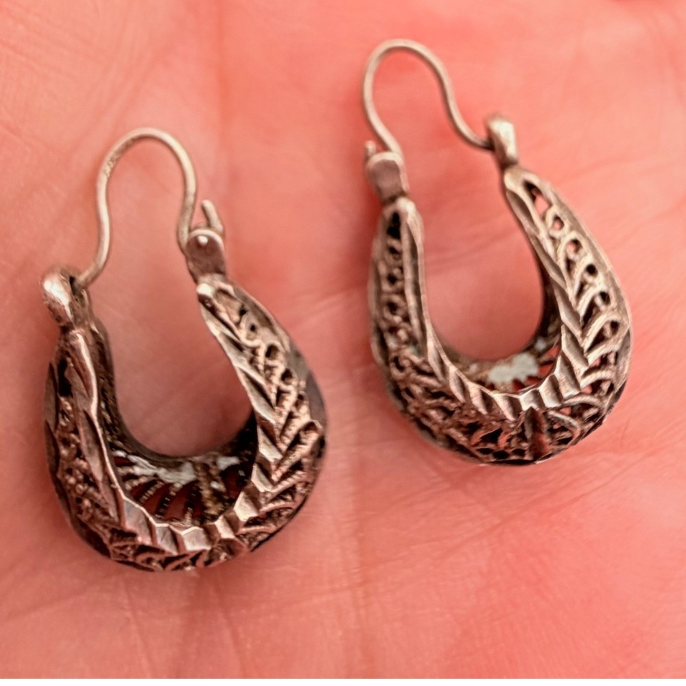 Vintage 925 Sterling Silver Filigree Hoop Earrings Small Boho Scroll Leverback